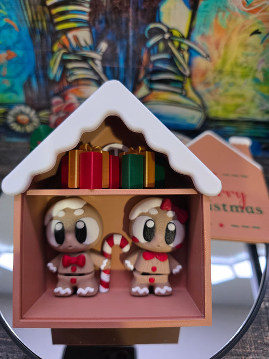 Ginger Bread House Box Set(2 Backplate options)- Ginger Bread Boy and Girl with 2 assorted Presents in attic